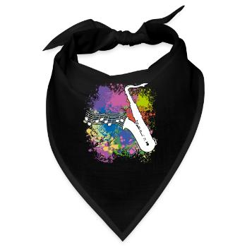 Saxofonsilhouette und Musiknoten auf Farbklecksen - Bandana - Schwarz - Vorne