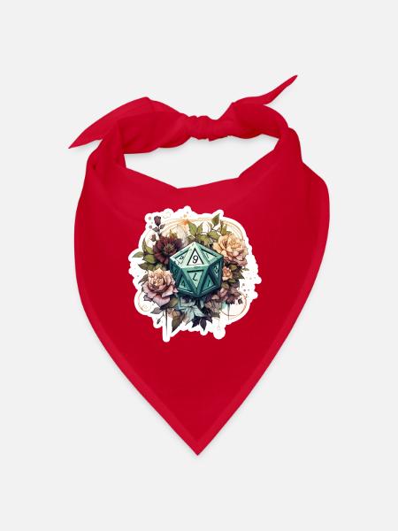 W20 Mit Blumen Verzierungen Fantasy RPG Shirt - Bandana - Rot - Vorne