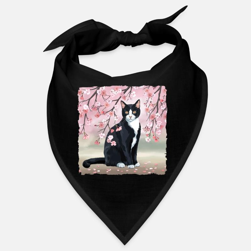 Chat en fleur de cerisier : Fleurs de Sakura roses, Chat noir Bandana