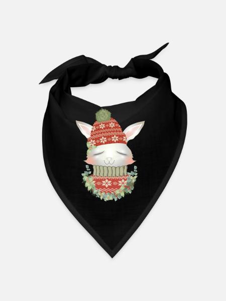 weißes Kaninchen mit Pullover,Bommelmütze & Kranz - Bandana - Rot - Vorne