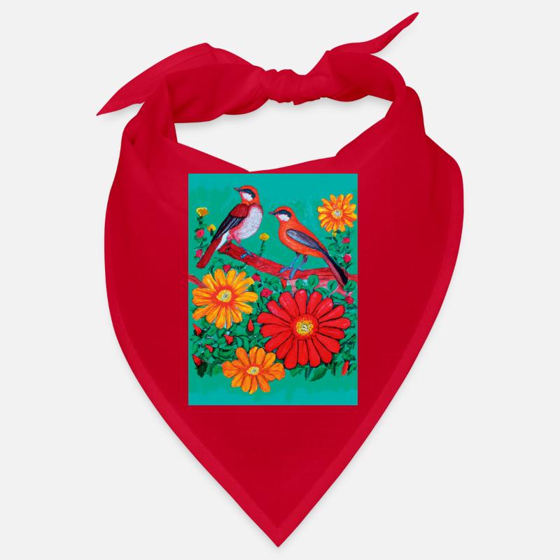 Deux oiseaux dans le jardin avec des fleurs Bandana