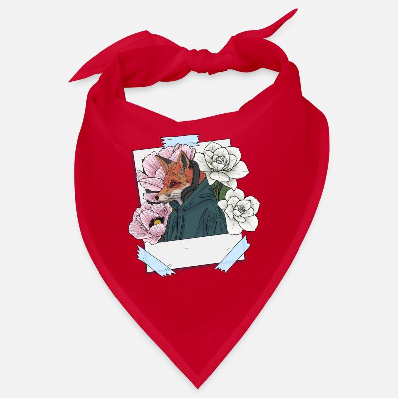 Fuchs mit Kopfhörern und Blumenthema - Bandana - Rot