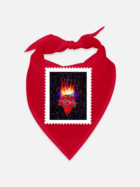 Feuriges Maria Herz mit Rosen und Kreuz - Bandana - Rot - Vorne