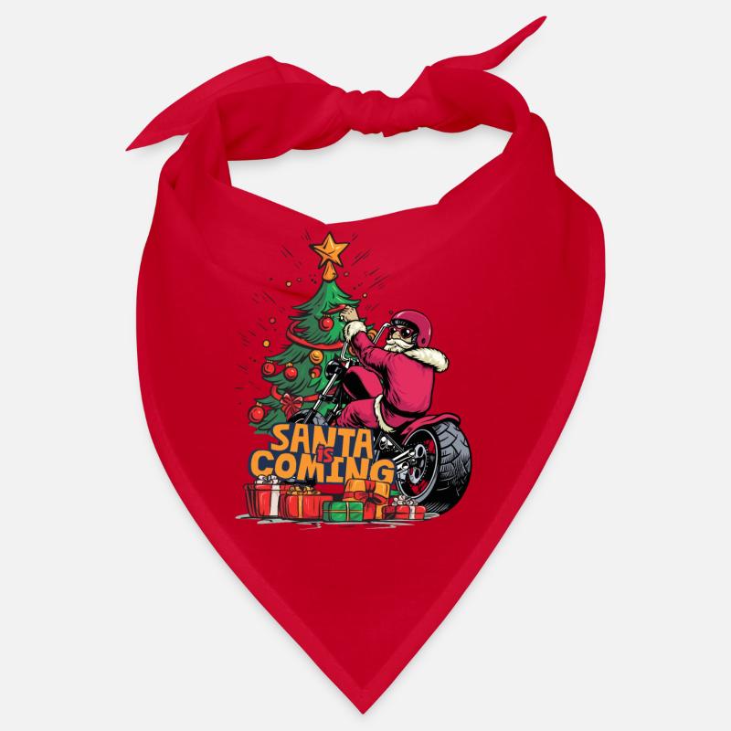 Père Noël à moto devant le sapin de Noël Bandana