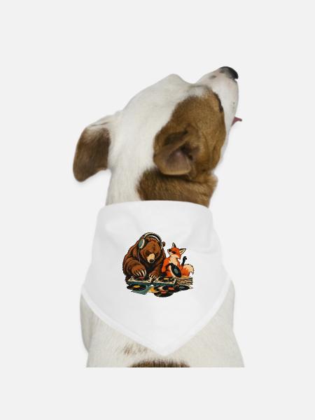 Bär & Fuchs als Vinyl DJs – Musikduo - Hunde-Bandana Dreieckstuch - Weiß