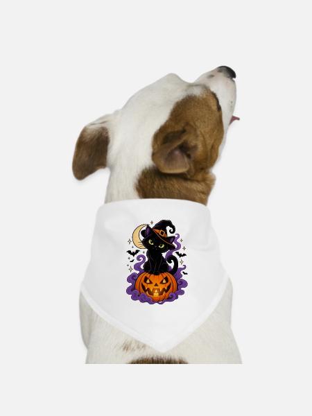 Schwarze Katzenhexe und Heller Kürbis - Hunde-Bandana Dreieckstuch - Weiß