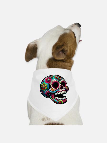 Bunte Totenkopf-Illustration mit Blumen - Hunde-Bandana - Weiß - Vorne