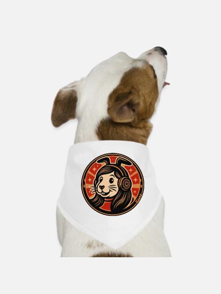 Rabbit Headphones Badge - Dog Bandana - white - Front