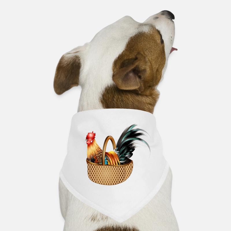 A magnificent colorful rooster sits in a basket Dog Bandana