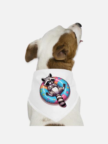 A relaxed raccoon on a swimming ring - Dog Bandana - white - Front