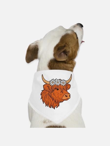 Scottish Highland cattle with daisies - Dog Bandana - white - Front