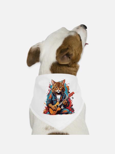 Katze mit Gitarre - Hunde-Bandana - Weiß - Vorne