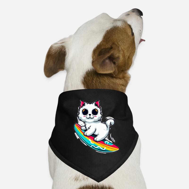 Weiße Katze auf buntem Surfboard Hunde-Bandana