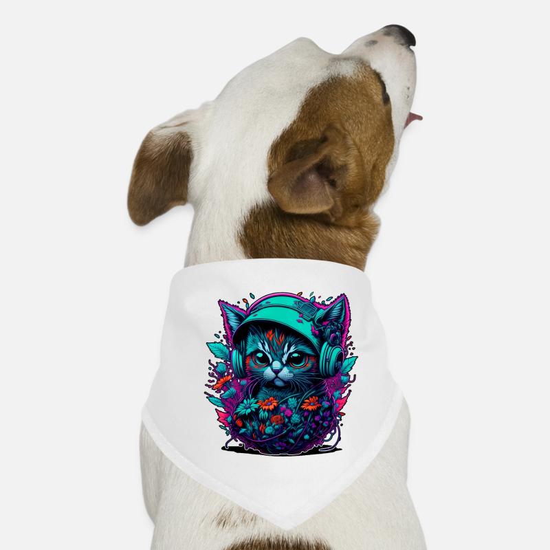 Chat bébé dans la mer de fleurs, en écoutant de la musique Bandana pour chien