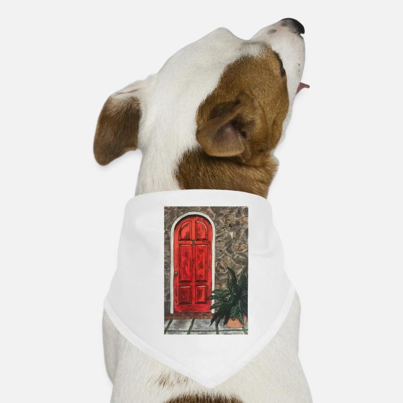 Porte rouge dans mur en pierre naturelle avec plante devant elle Bandana pour chien