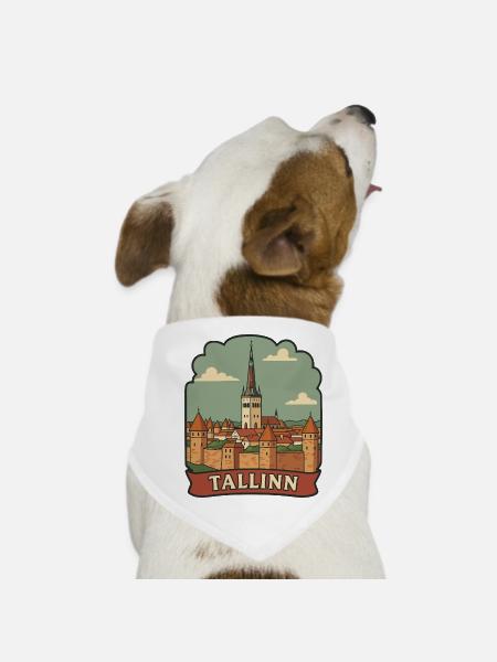Tallinn Estonia Old Town Vintage Travel Sticker - Dog Bandana - white - Front