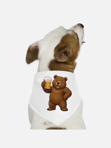 Beer Drinking Bear Cartoon - Dog Bandana - white - Front