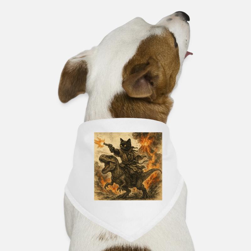 Samurai-Katze reitet auf Dinosaurier bei Vulkanausbruch Hunde-Bandana
