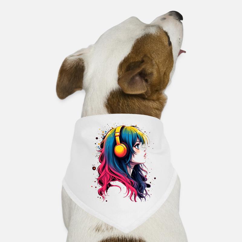 Farbiger Anime-Charakter mit Kopfhörer - Hunde-Bandana - Weiß