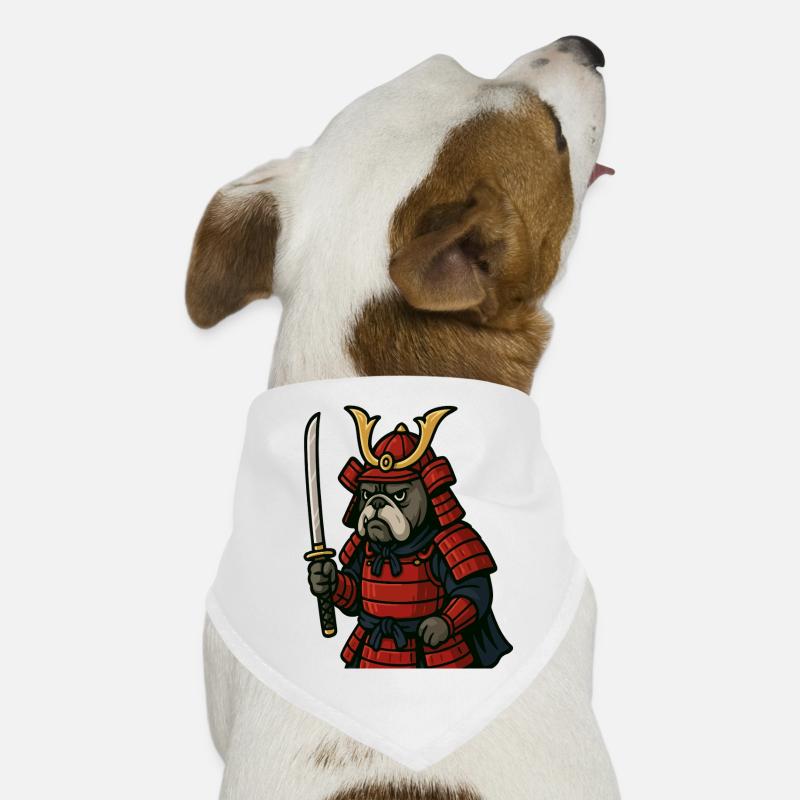 Bulldog Samurai Holding Katana in Red Armor Dog Bandana