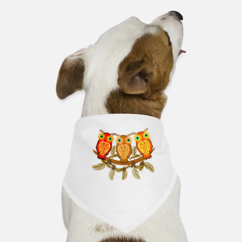 Three colorful owls with pine tree branches Dog Bandana