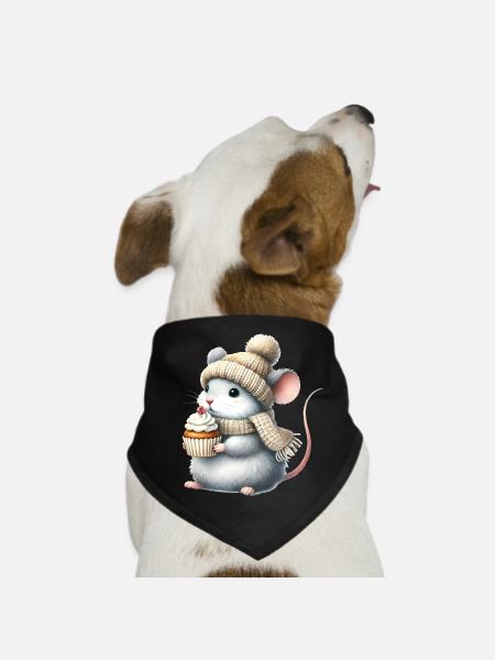 Souris mignonne avec un bonnet tricoté et un cupcake - Bandana pour chien - noir - Devant