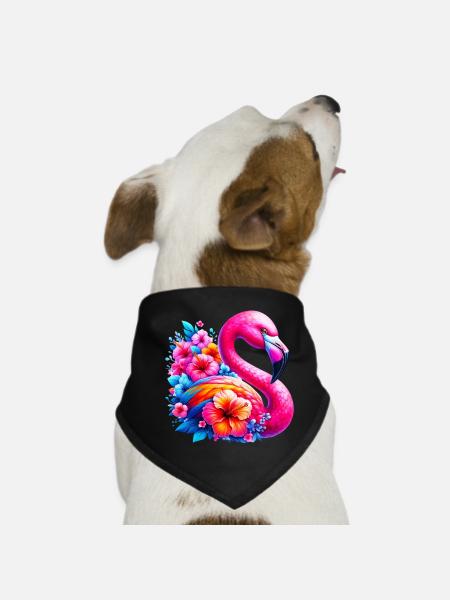 Flamingo verziert mit Hibiskusblüten - Hunde-Bandana - Schwarz - Vorne