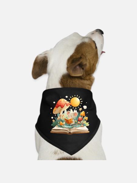 Mouse in the mushroom forest reads book - Dog Bandana - black - Front