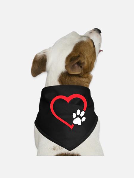 Red heart with white dogs paw. Dog # - Dog Bandana - black - Front