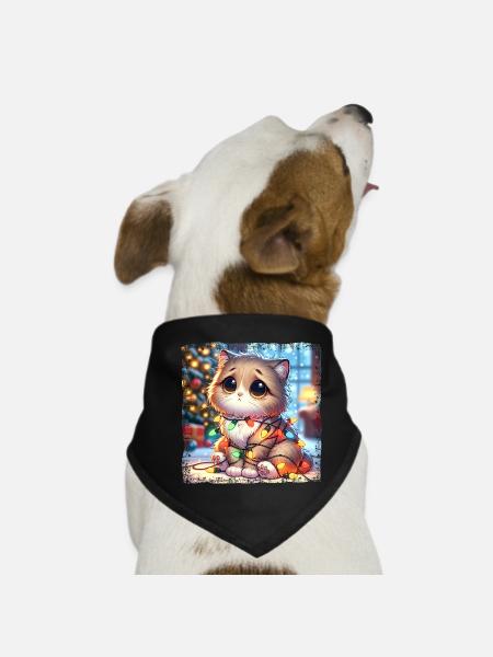 Cute Christmas Cat Clumsy Tangled - Dog Bandana - black - Front