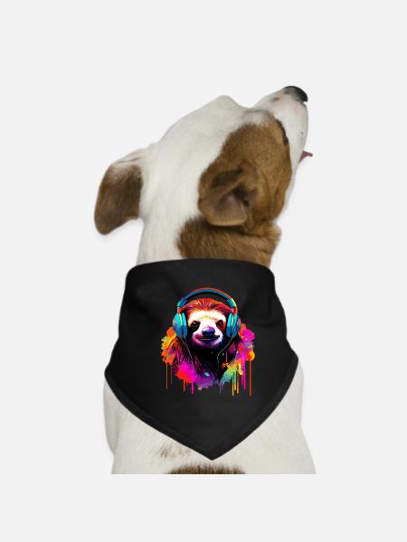 Sloth With Headphones Music Lazy Tired Sloths - Dog Bandana - black - Front