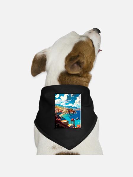 Coastal Village Crete Greece Illustration Scene - Dog Bandana - black - Front
