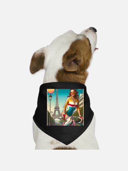 Paris Retro Cyclist Pinup - Dog Bandana - black - Front