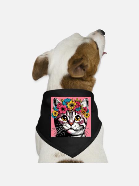 Katze mit Blumen - Hunde-Bandana - Schwarz - Vorne