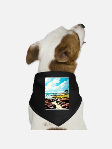 The Link At Spanish Bay Golf Travel Poster Card - Dog Bandana - black - Front