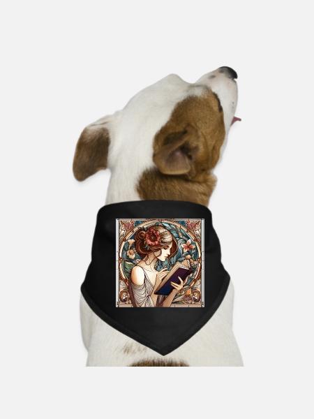 Art Nouveau Woman Book Books Reading Gift - Dog Bandana - black - Front