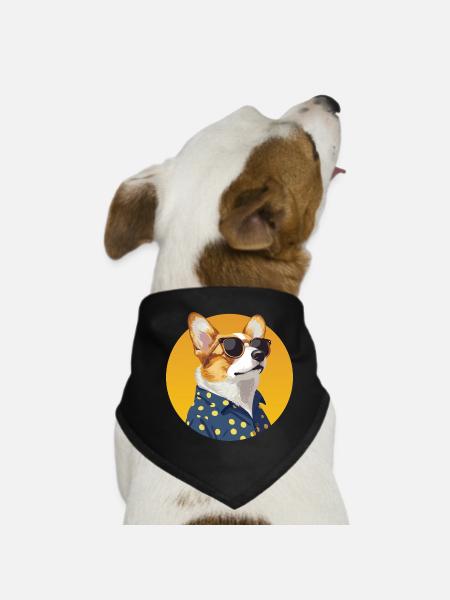 Stylish Corgi Dog in a Polka Dot Shirt - Dog Bandana - black - Front