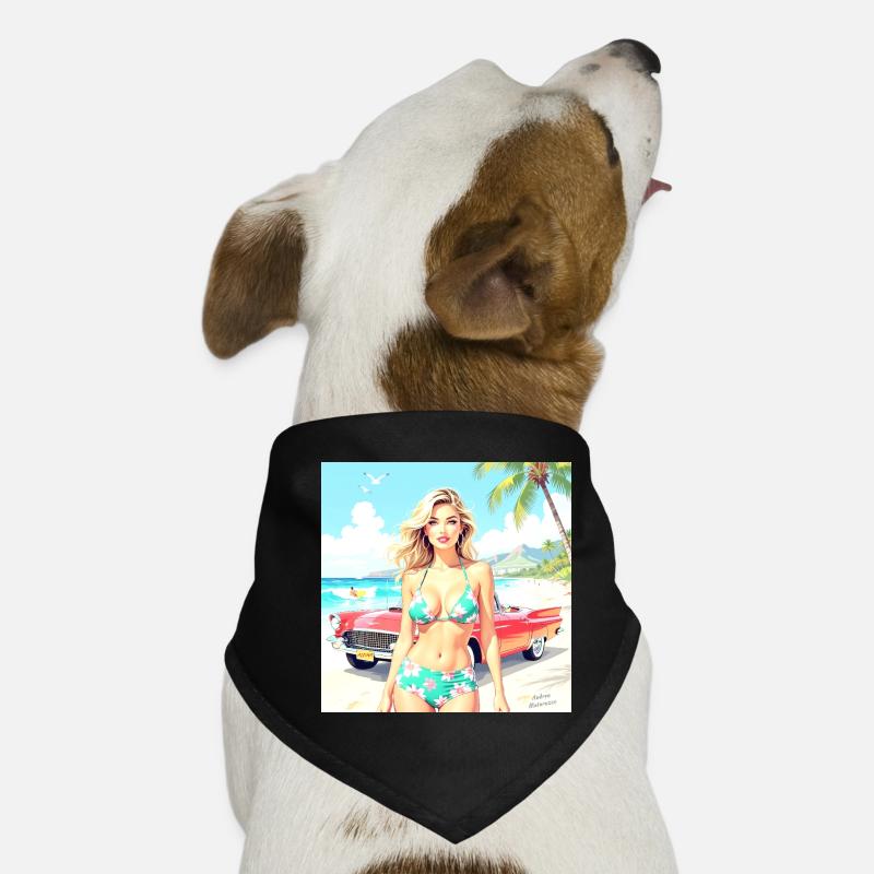 Frau am Strand mit Oldtimer Hunde-Bandana
