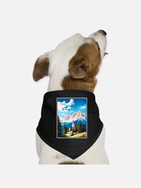 Zugspitze Germany Alpine Chapel in Snowy Peaks - Dog Bandana - black - Front