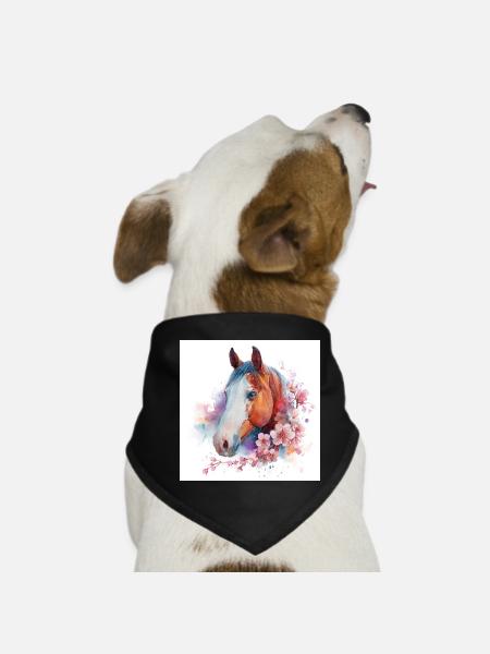 Aquarellpferd zwischen Blüten - Hunde-Bandana - Schwarz - Vorne