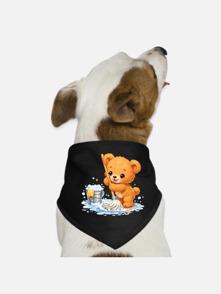 Children's Shirt Bear Cleaning Spring Cleaning Cute - Dog Bandana - black - Front