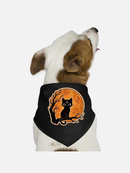 Black Cat in Front of Full Moon Halloween Motif - Dog Bandana - black - Front