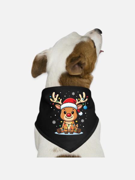 Renne de Noël Kawaii avec des lumières lumineuses - Bandana pour chien - noir - Devant