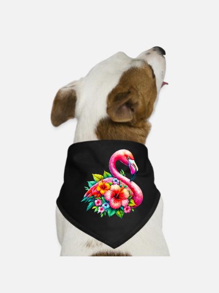 Flamingo verziert mit Hibiskusblüten - Hunde-Bandana - Schwarz - Vorne