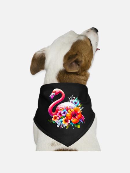 Flamingo verziert mit Hibiskusblüten - Hunde-Bandana - Schwarz - Vorne