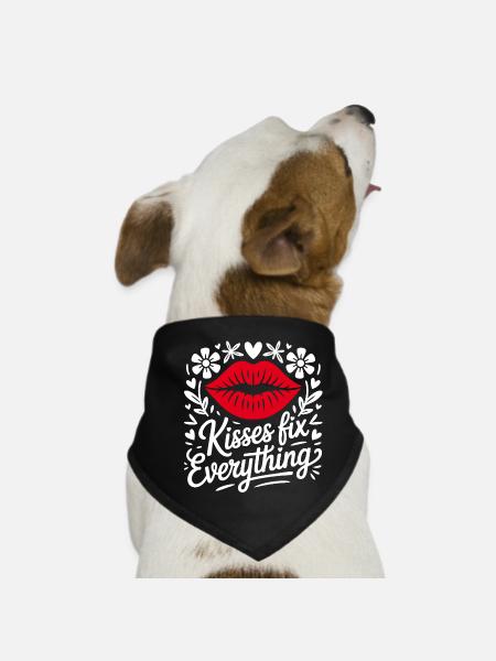 Kisses solve everything – lip motif flowers - Dog Bandana - black - Front