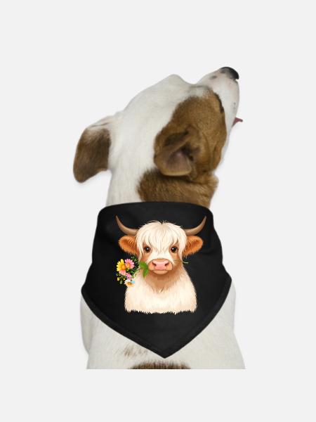 Highland Kuh mit Blumen im Mund im Frühlingslook - Hunde-Bandana - Schwarz - Vorne