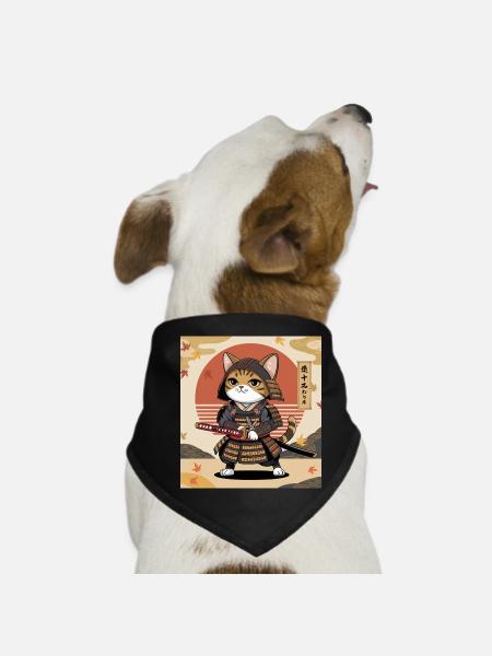Samurai Cat – Japanese Warrior Cats Design - Dog Bandana - black - Front