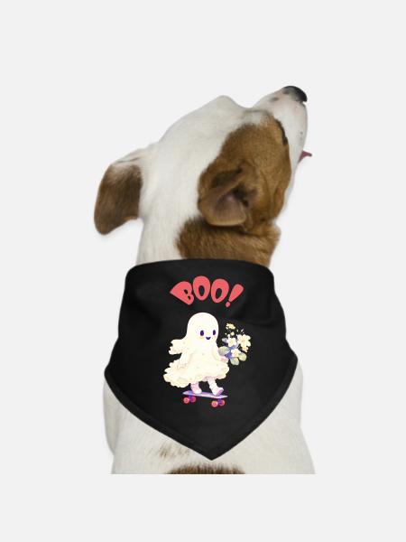 Friendly ghost with flowers on skateboard - BOO - Dog Bandana - black - Front