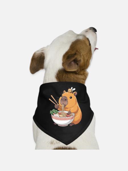 Capybara Ramen Kawaii With Bee - Dog Bandana - black - Front